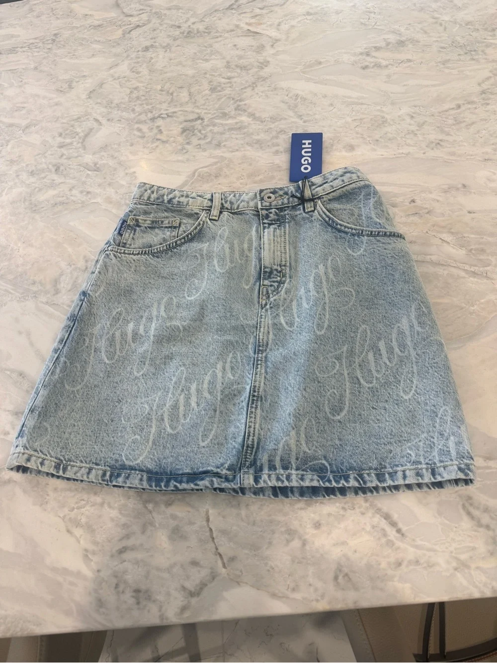 NWT HUGO Light Blue Denim Mini Skirt with Script Logo XS - Picture 2 of 9